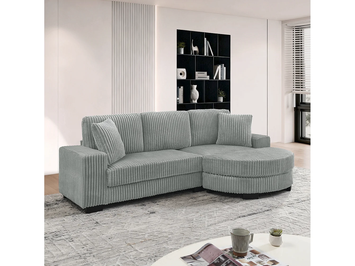 Canapé 4 places en tissu velours côtelé - Avec repose-pieds ovale et 2 coussins - Gris