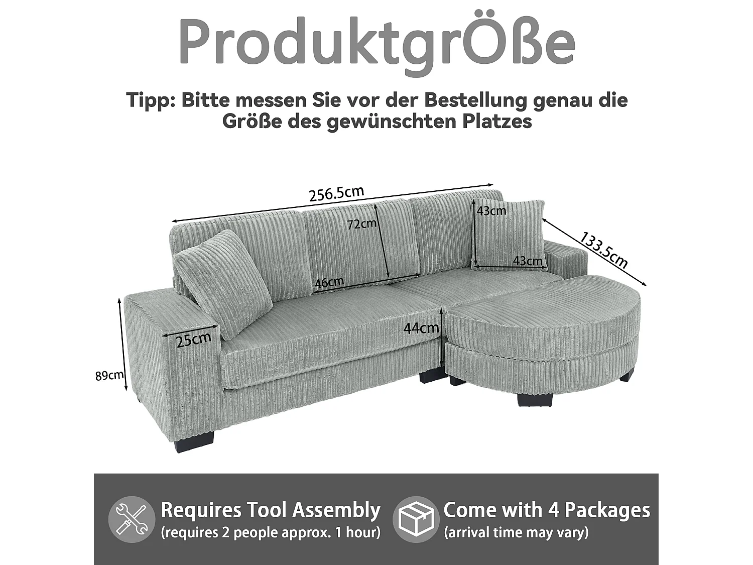 Canapé 4 places en tissu velours côtelé - Avec repose-pieds ovale et 2 coussins - Gris