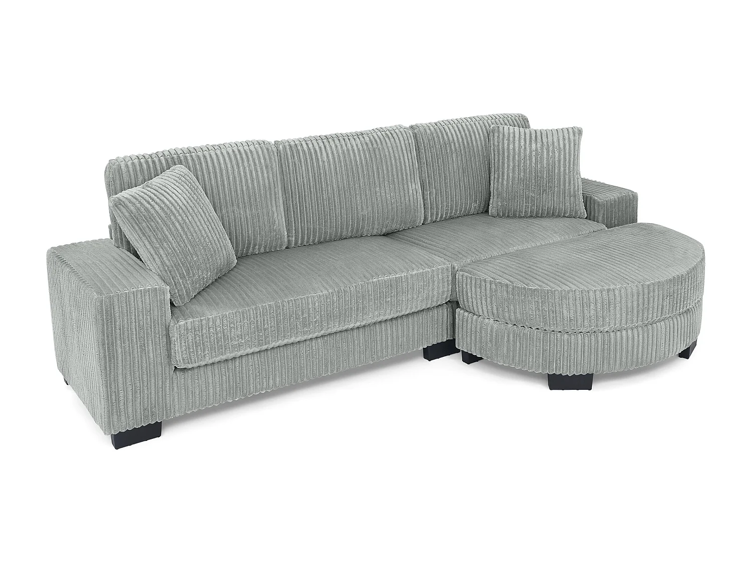 Canapé 4 places en tissu velours côtelé - Avec repose-pieds ovale et 2 coussins - Gris