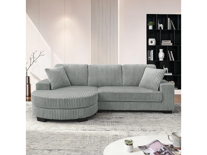 Canapé 4 places en tissu velours côtelé - Avec repose-pieds ovale et 2 coussins - Gris