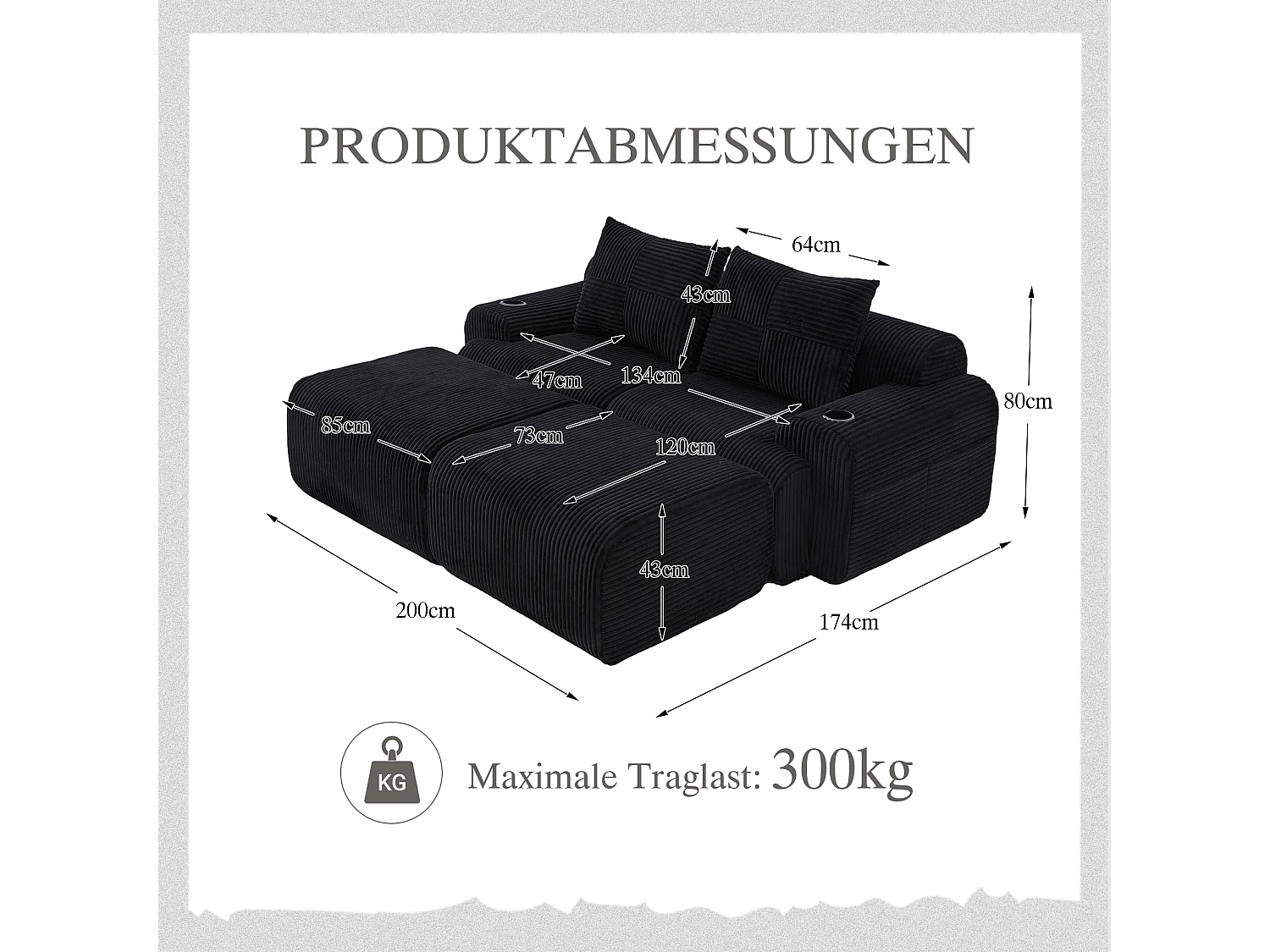 Canapé modulable 2 places - 200 x 174 x 80 cm - avec 2 poufs + porte-gobelets + poche de rangement - velours - noir