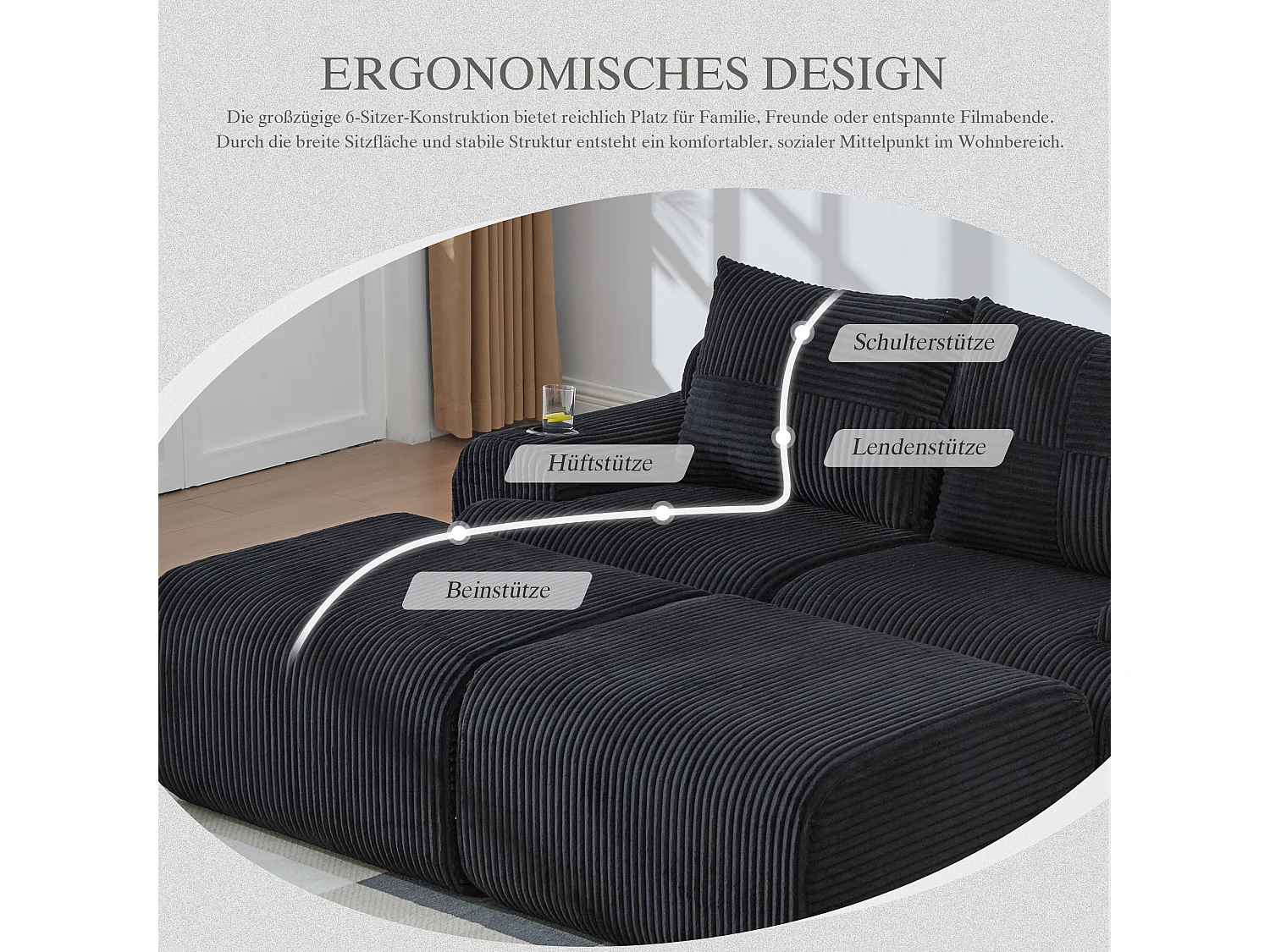 Canapé modulable 2 places - 200 x 174 x 80 cm - avec 2 poufs + porte-gobelets + poche de rangement - velours - noir