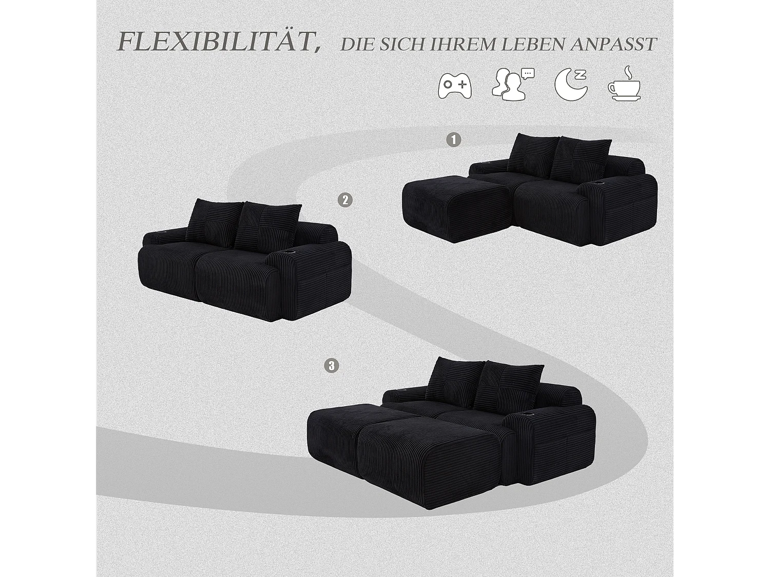 Canapé modulable 2 places - 200 x 174 x 80 cm - avec 2 poufs + porte-gobelets + poche de rangement - velours - noir