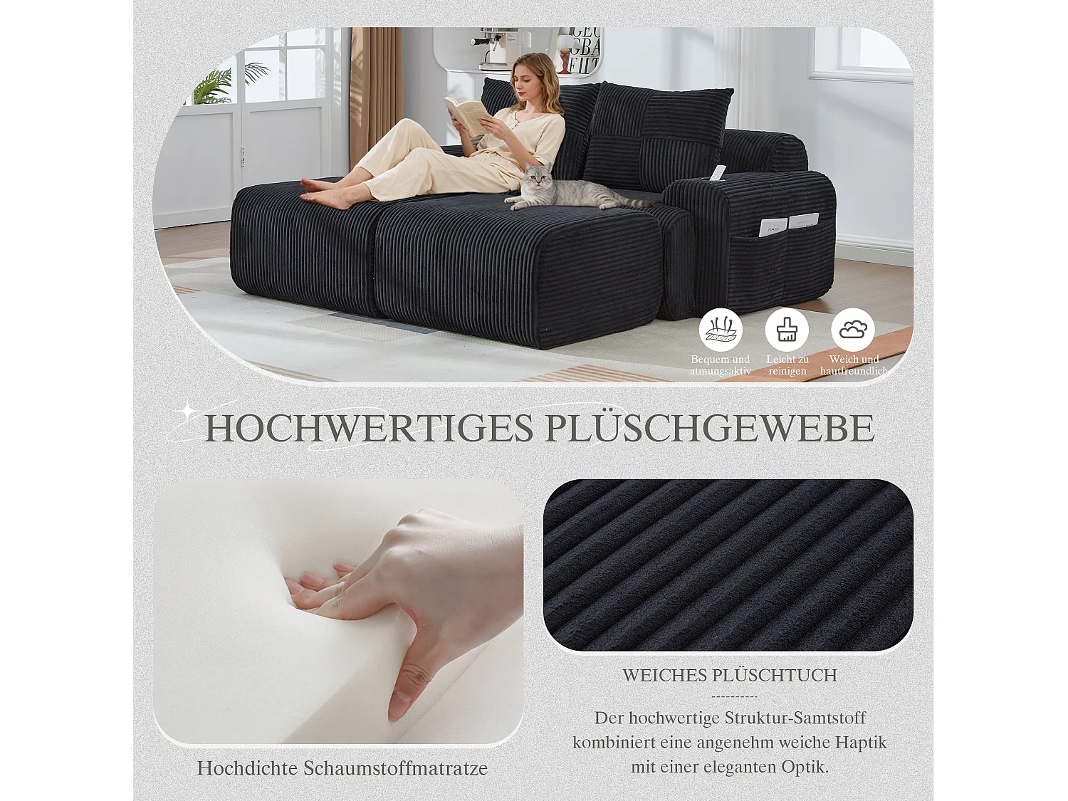 Canapé modulable 2 places - 200 x 174 x 80 cm - avec 2 poufs + porte-gobelets + poche de rangement - velours - noir