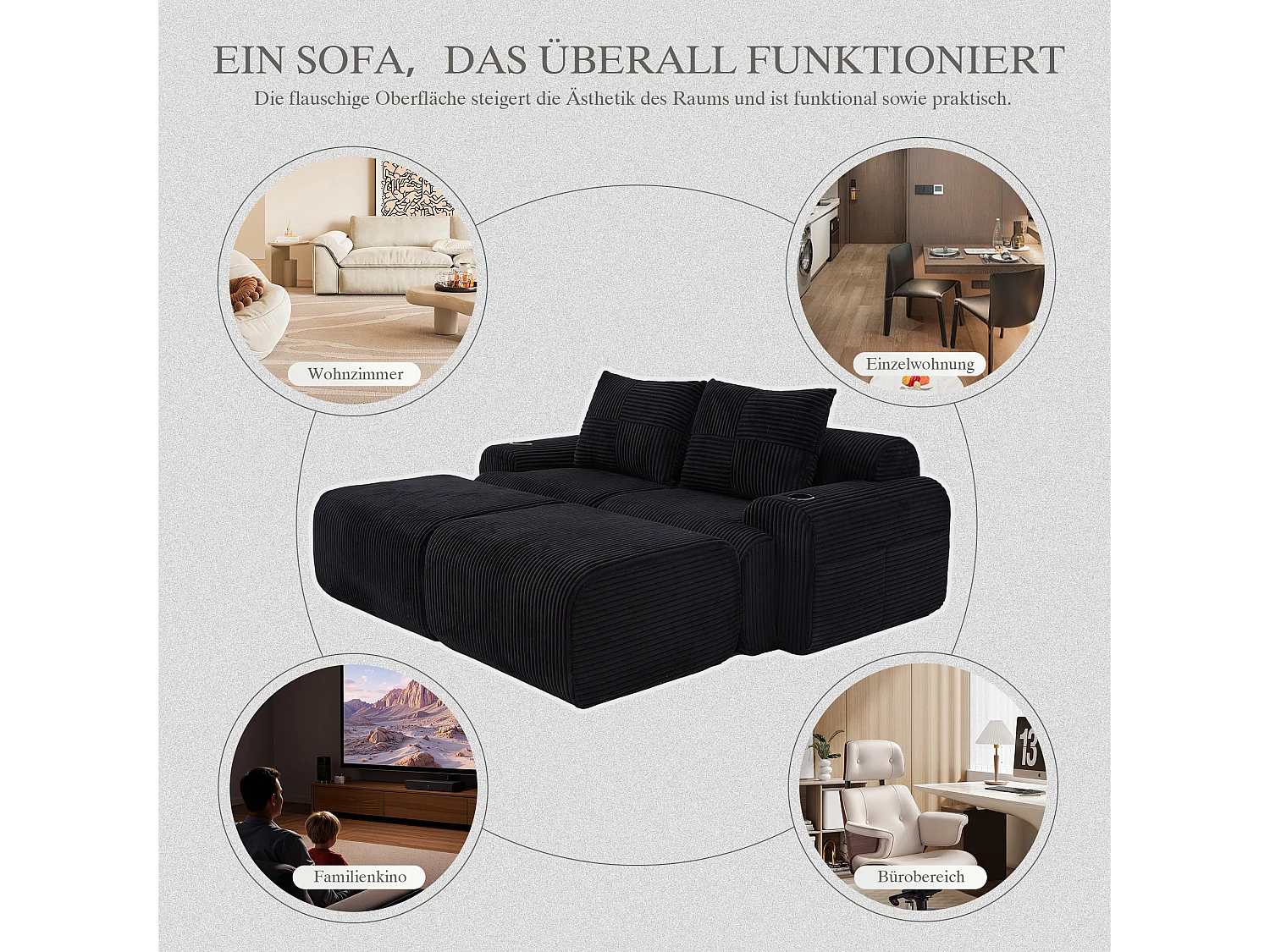 Canapé modulable 2 places - 200 x 174 x 80 cm - avec 2 poufs + porte-gobelets + poche de rangement - velours - noir