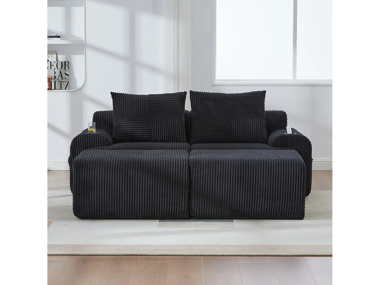 Canapé modulable 2 places - 200 x 174 x 80 cm - avec 2 poufs + porte-gobelets + poche de rangement - velours - noir