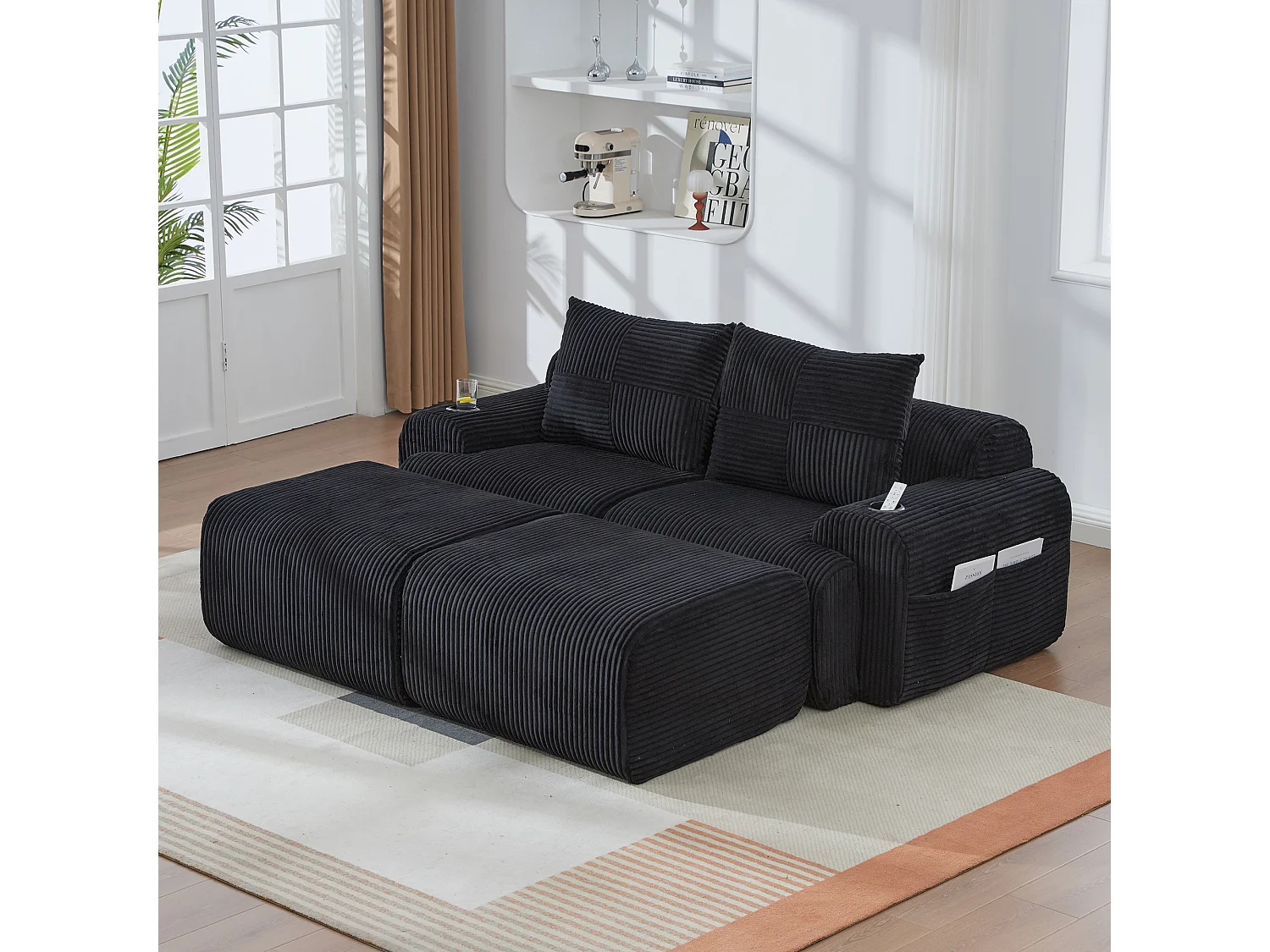 Canapé modulable 2 places - 200 x 174 x 80 cm - avec 2 poufs + porte-gobelets + poche de rangement - velours - noir