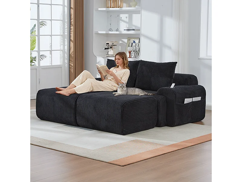 Canapé modulable 2 places - 200 x 174 x 80 cm - avec 2 poufs + porte-gobelets + poche de rangement - velours - noir