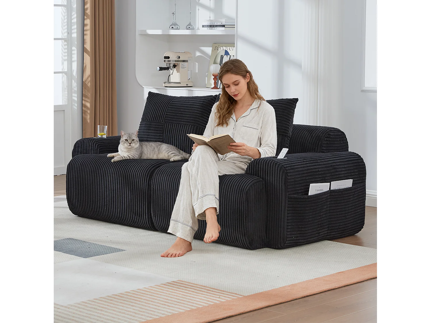 Canapé moderne 2 places - 200 x 99 x 80 cm - avec porte-gobelets + poche de rangement - velours - noir