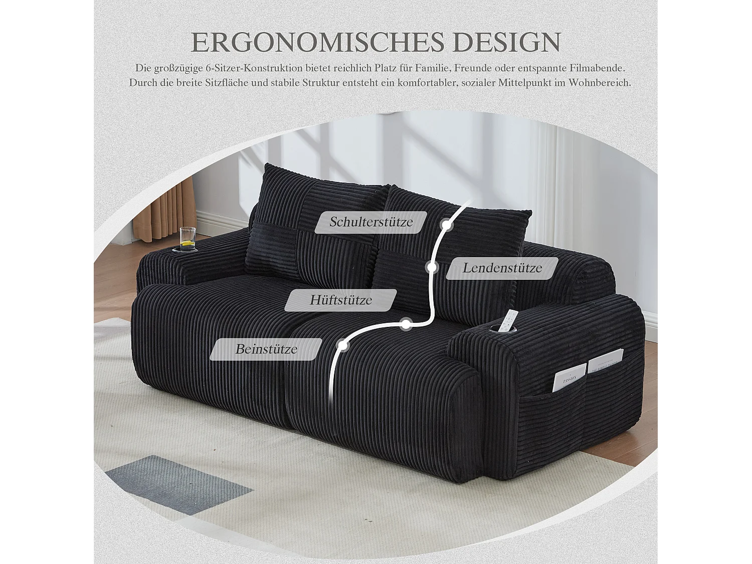 Canapé moderne 2 places - 200 x 99 x 80 cm - avec porte-gobelets + poche de rangement - velours - noir