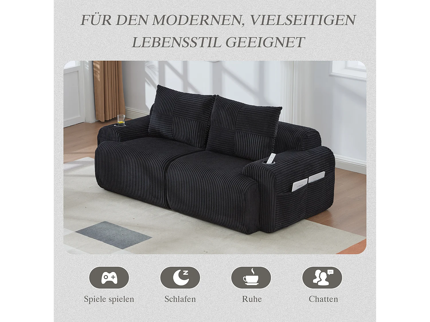 Canapé moderne 2 places - 200 x 99 x 80 cm - avec porte-gobelets + poche de rangement - velours - noir