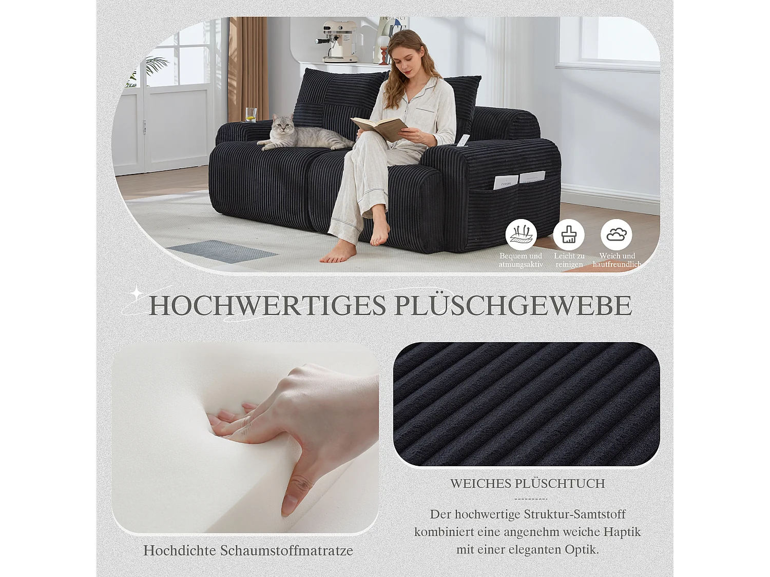 Canapé moderne 2 places - 200 x 99 x 80 cm - avec porte-gobelets + poche de rangement - velours - noir