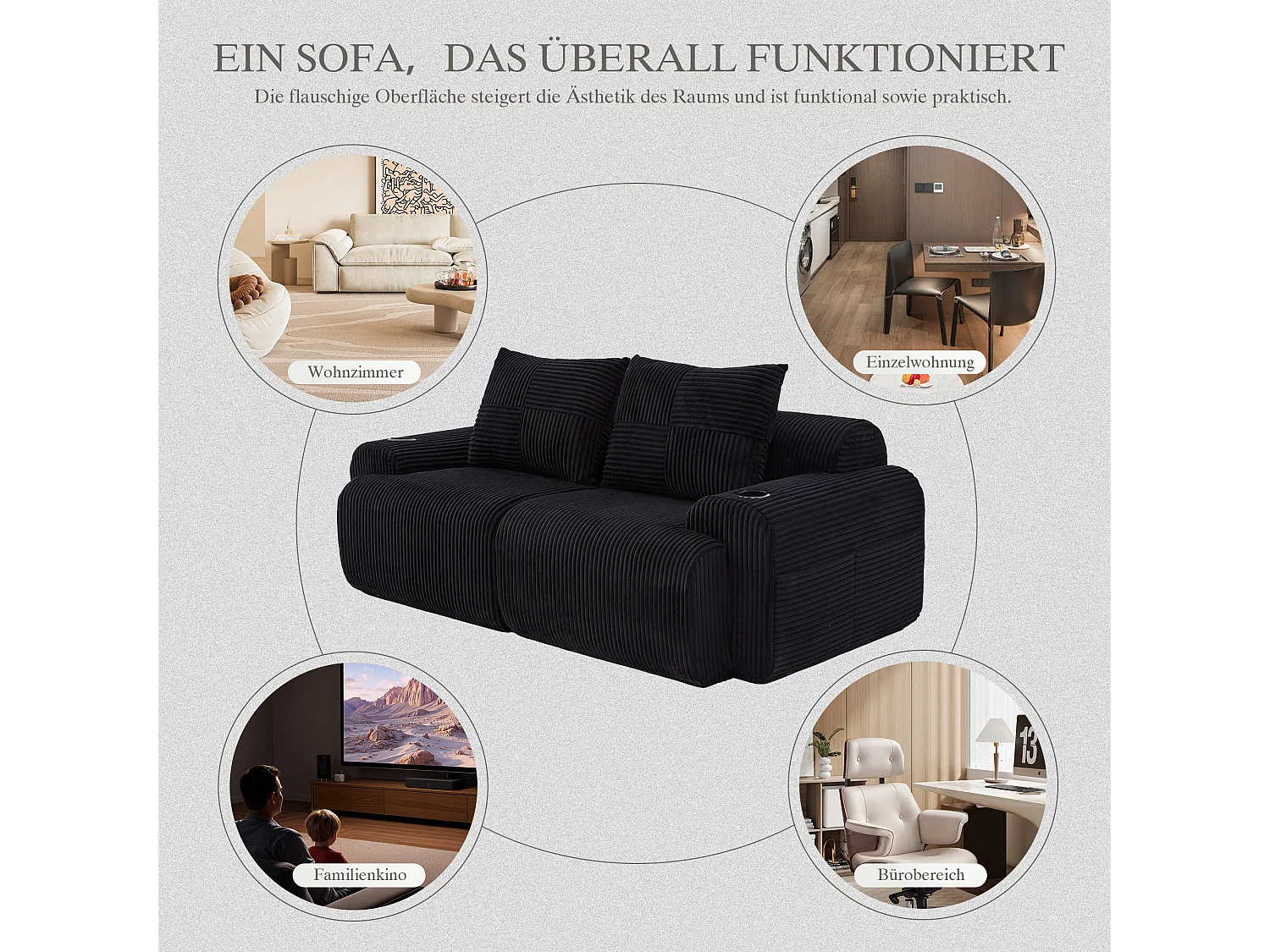 Canapé moderne 2 places - 200 x 99 x 80 cm - avec porte-gobelets + poche de rangement - velours - noir