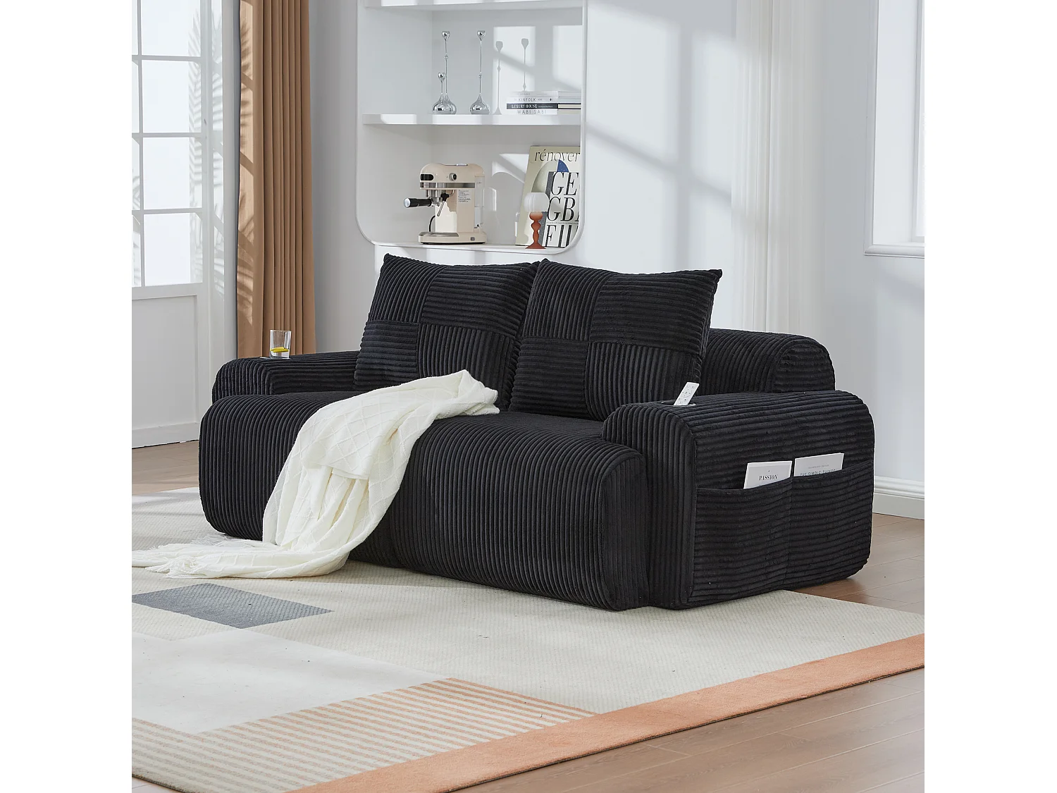 Canapé moderne 2 places - 200 x 99 x 80 cm - avec porte-gobelets + poche de rangement - velours - noir