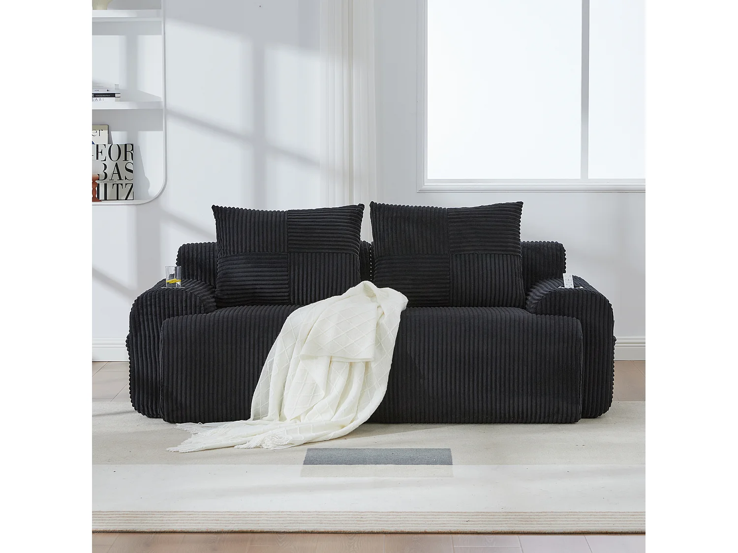 Canapé moderne 2 places - 200 x 99 x 80 cm - avec porte-gobelets + poche de rangement - velours - noir