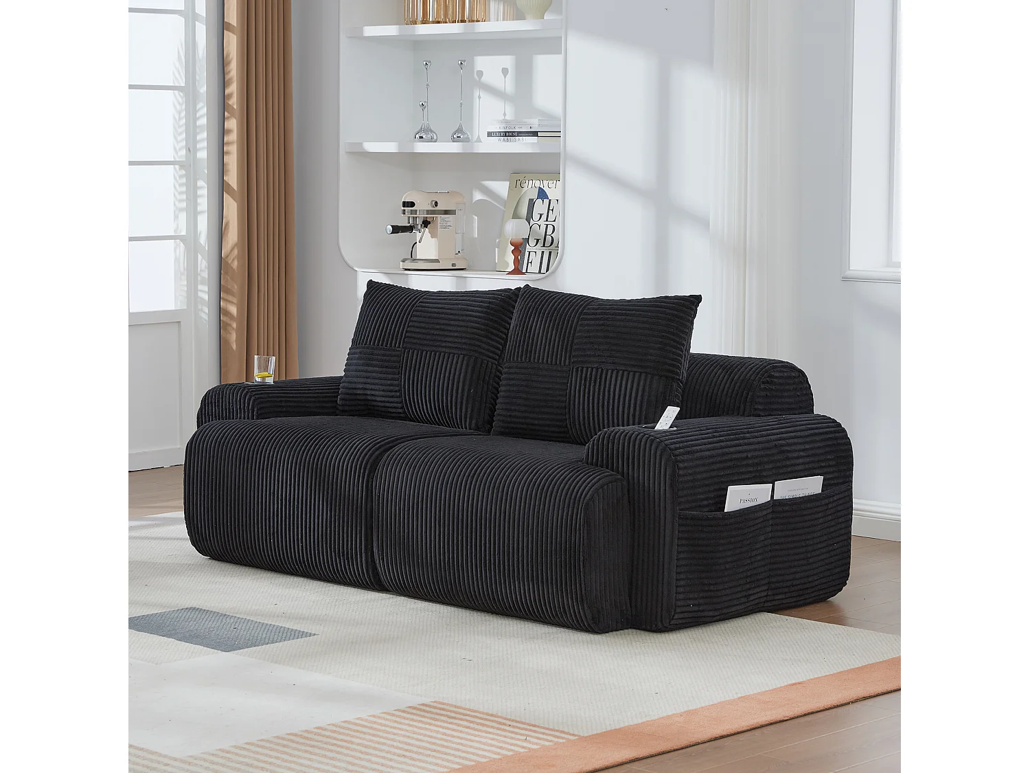 Canapé moderne 2 places - 200 x 99 x 80 cm - avec porte-gobelets + poche de rangement - velours - noir