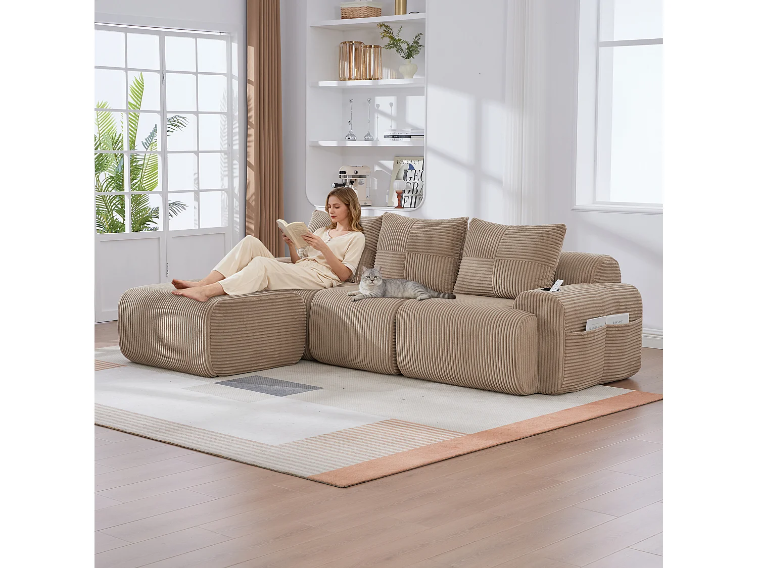 Canapé modulable 3 places - 268 x 174 x 80 cm - avec 1 poufs + porte-gobelets + poche de rangement - velours - kaki