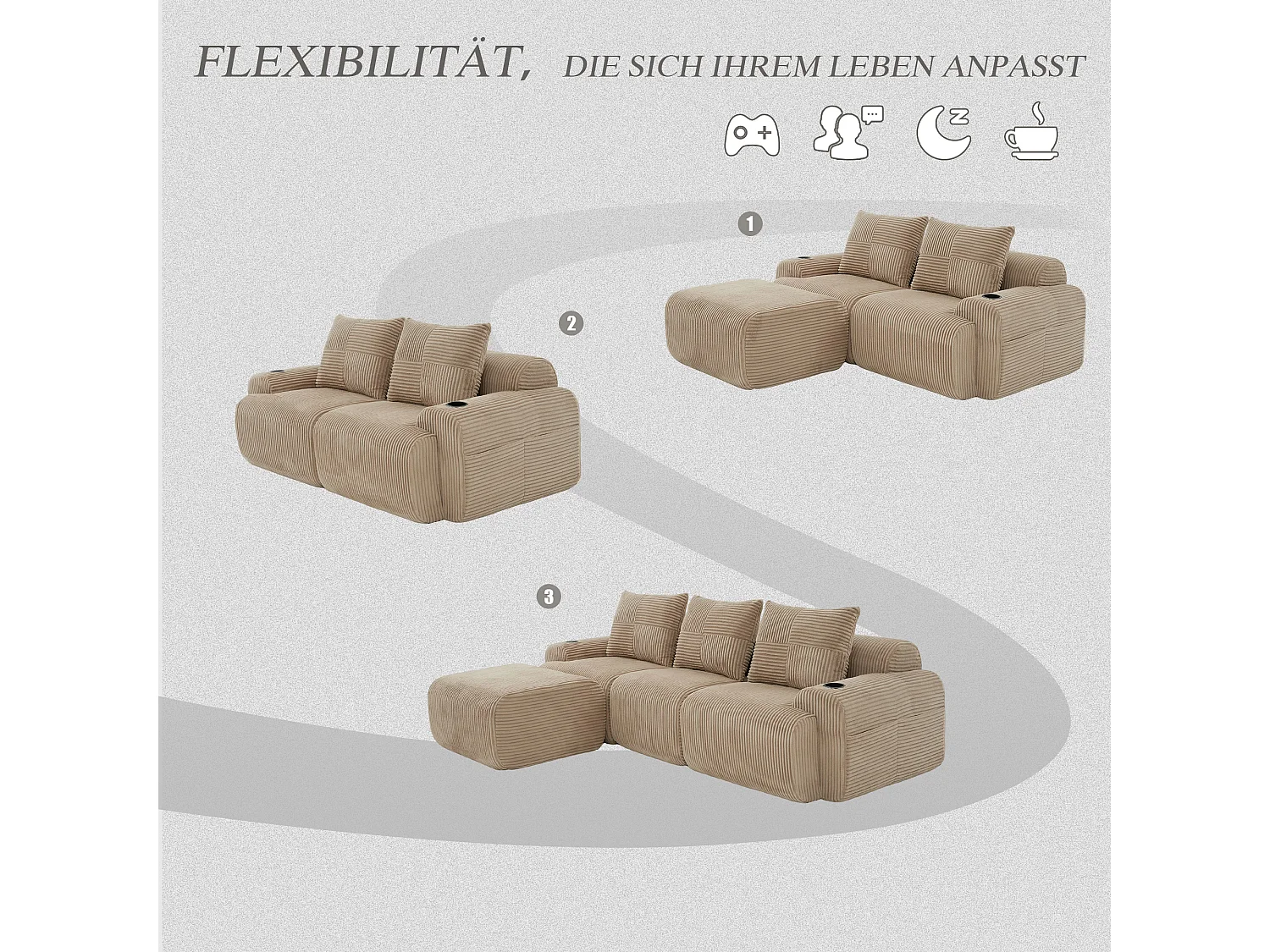 Canapé modulable 3 places - 268 x 174 x 80 cm - avec 1 poufs + porte-gobelets + poche de rangement - velours - kaki