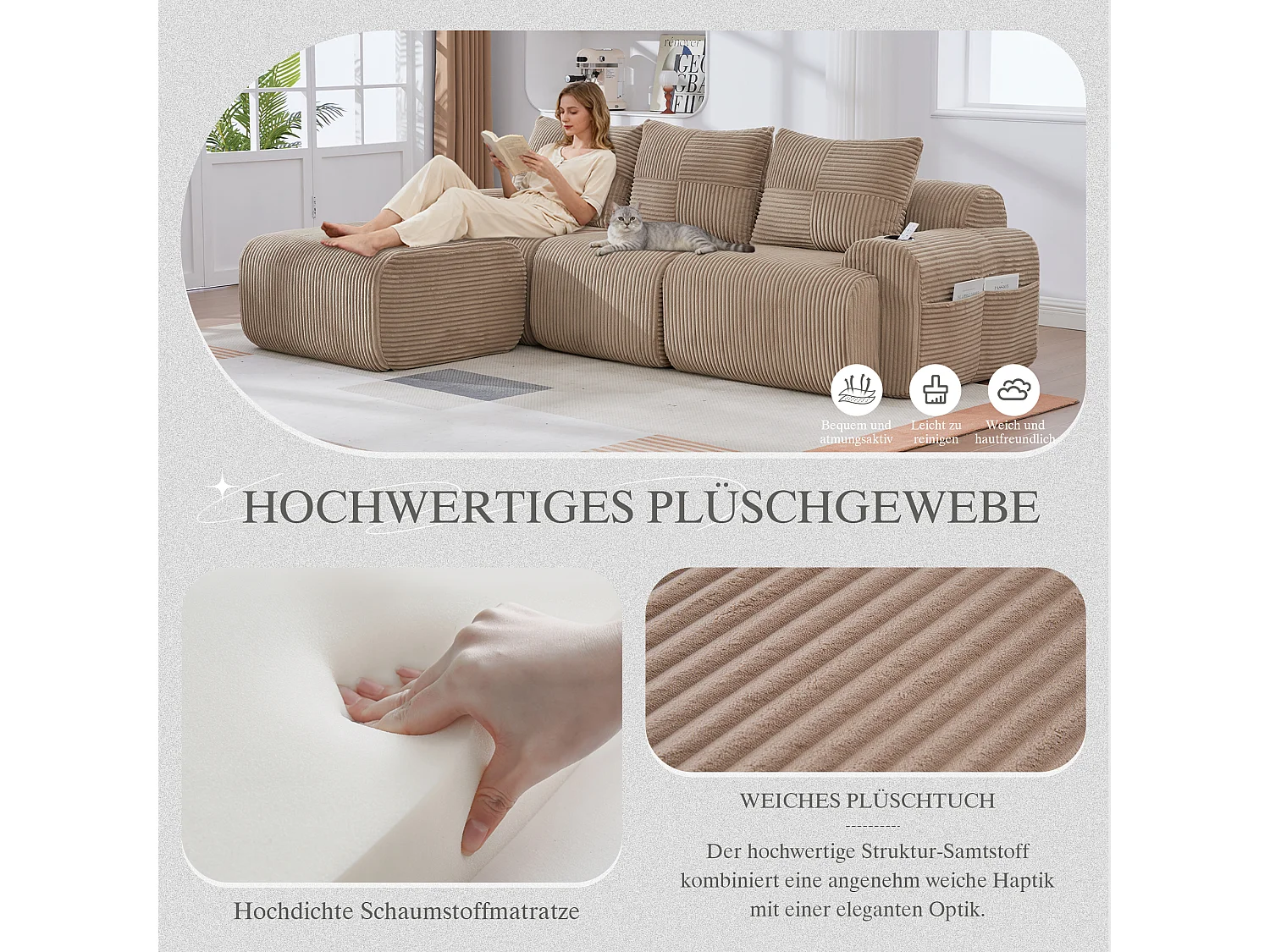 Canapé modulable 3 places - 268 x 174 x 80 cm - avec 1 poufs + porte-gobelets + poche de rangement - velours - kaki