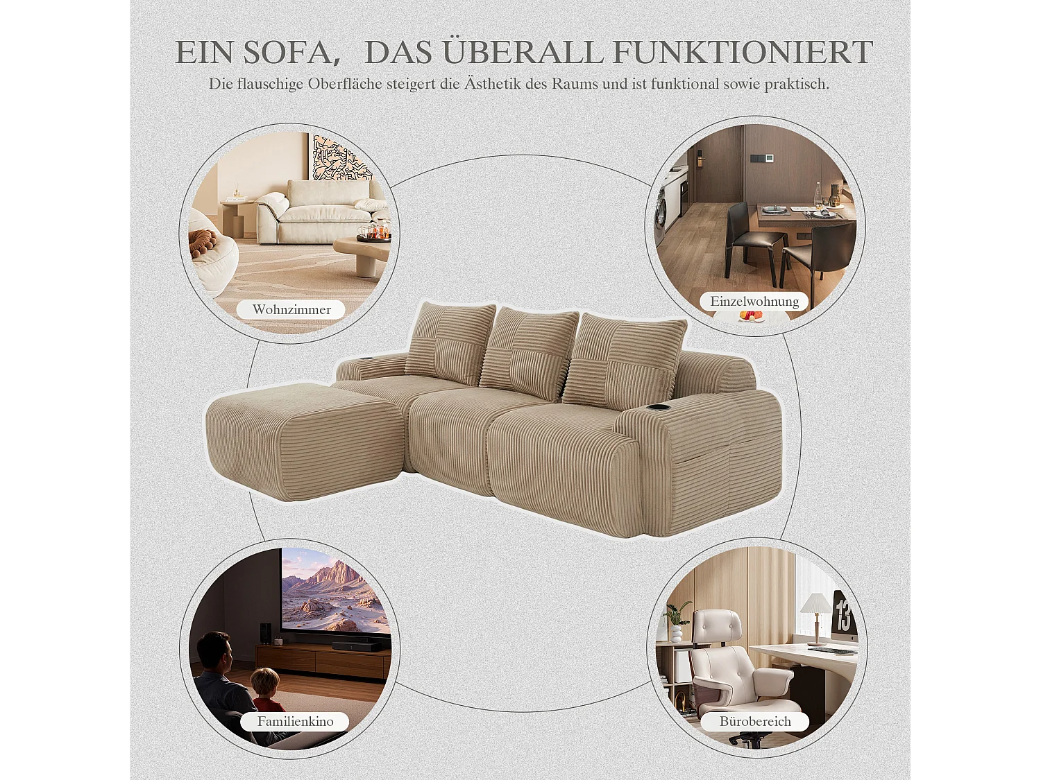 Canapé modulable 3 places - 268 x 174 x 80 cm - avec 1 poufs + porte-gobelets + poche de rangement - velours - kaki