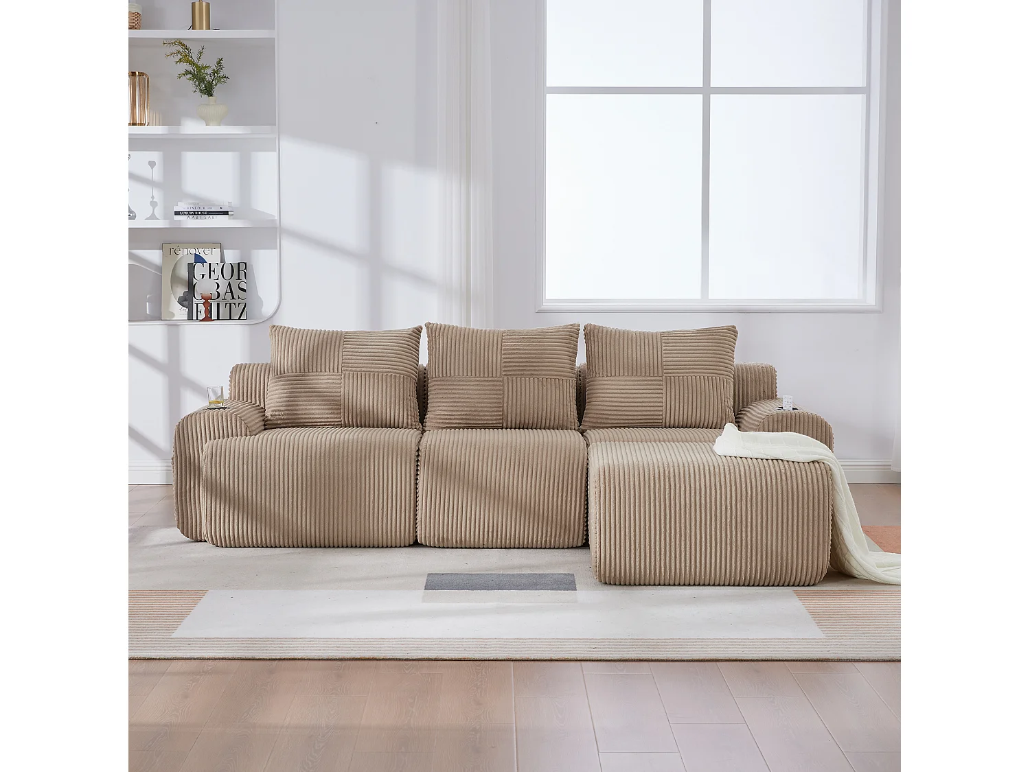 Canapé modulable 3 places - 268 x 174 x 80 cm - avec 1 poufs + porte-gobelets + poche de rangement - velours - kaki