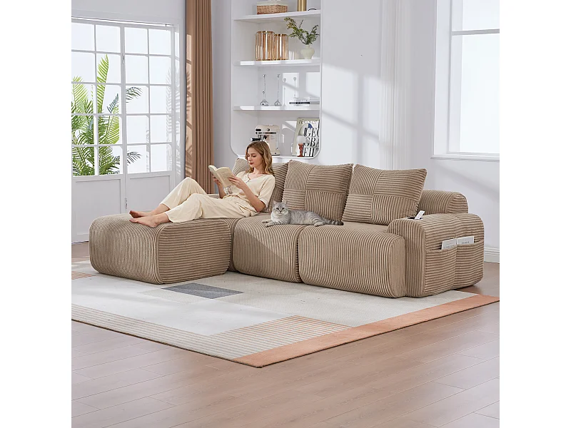 Canapé modulable 3 places - 268 x 174 x 80 cm - avec 1 poufs + porte-gobelets + poche de rangement - velours - kaki