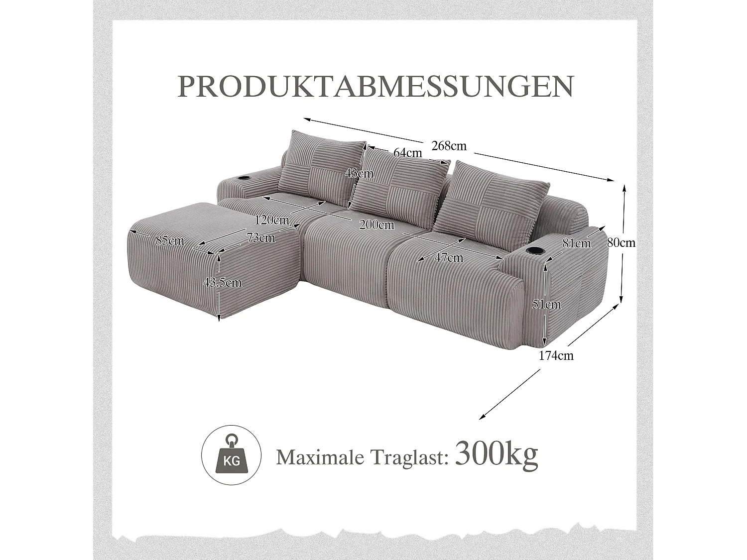 Canapé modulable 3 places - 268 x 174 x 80 cm - avec 1 poufs + porte-gobelets + poche de rangement - velours - gris clair