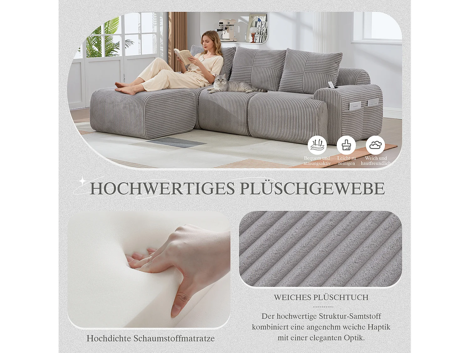 Canapé modulable 3 places - 268 x 174 x 80 cm - avec 1 poufs + porte-gobelets + poche de rangement - velours - gris clair