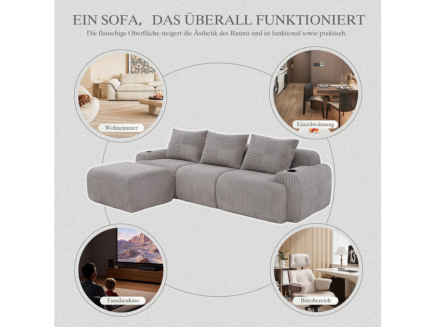 Canapé modulable 3 places - 268 x 174 x 80 cm - avec 1 poufs + porte-gobelets + poche de rangement - velours - gris clair