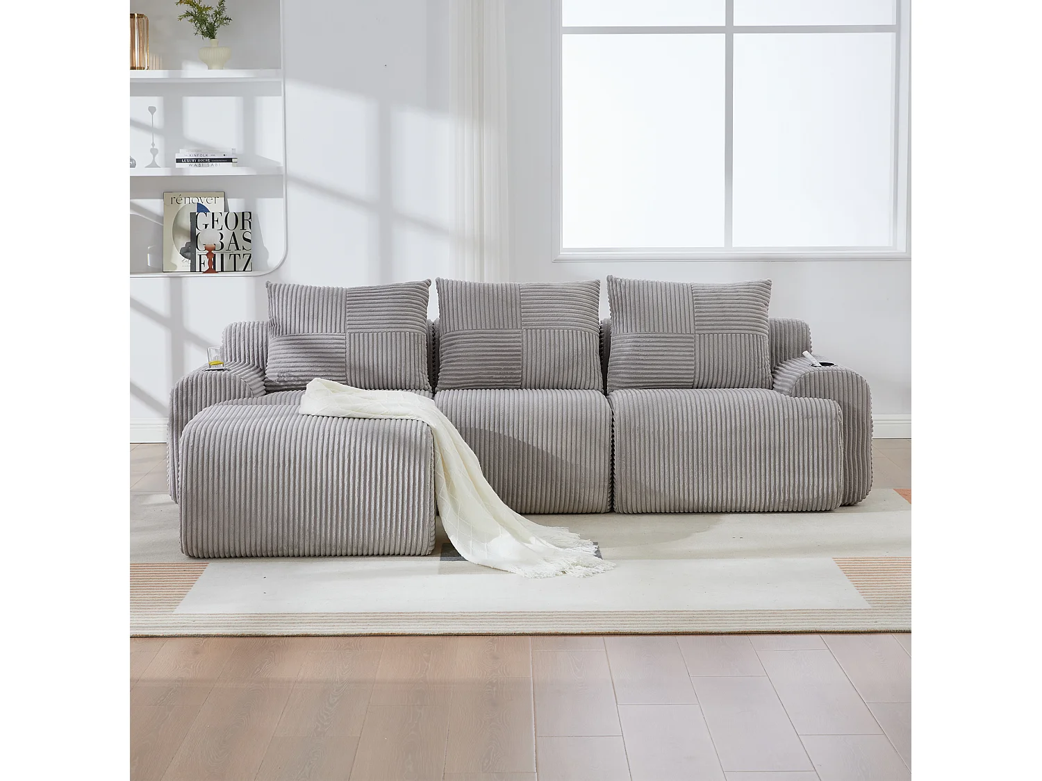 Canapé modulable 3 places - 268 x 174 x 80 cm - avec 1 poufs + porte-gobelets + poche de rangement - velours - gris clair