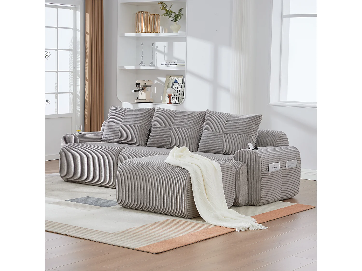 Canapé modulable 3 places - 268 x 174 x 80 cm - avec 1 poufs + porte-gobelets + poche de rangement - velours - gris clair