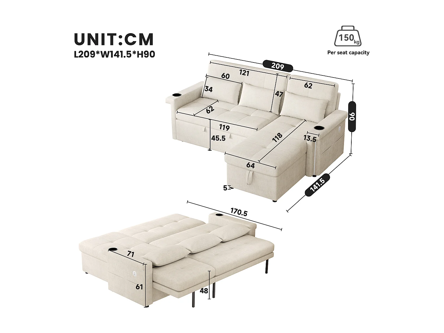 Canapé d'angle 3 places - convertible en lit - avec éclairage LED + USB - dossier réglable avec coussins - Chenil - beige