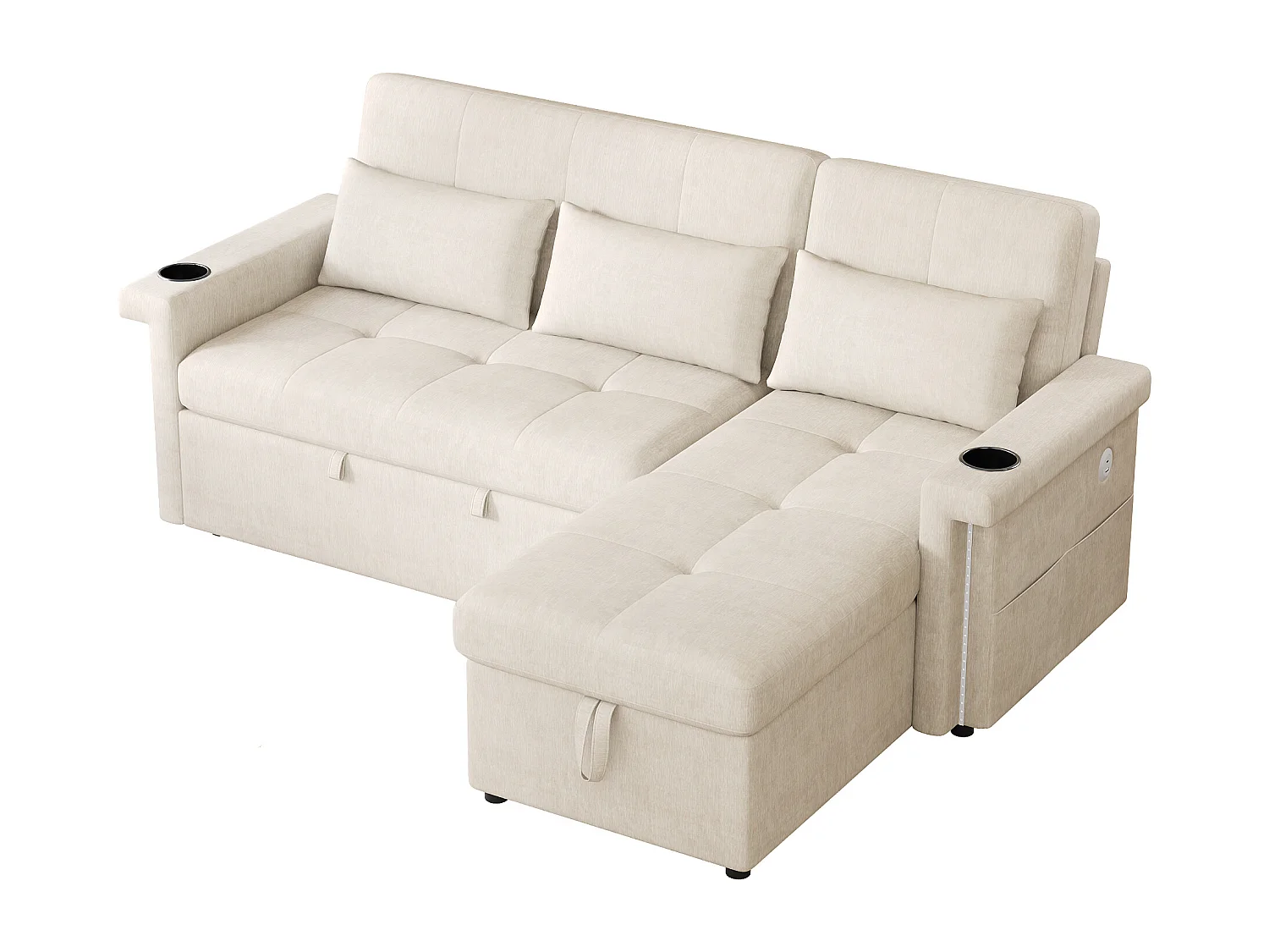 Canapé d'angle 3 places - convertible en lit - avec éclairage LED + USB - dossier réglable avec coussins - Chenil - beige