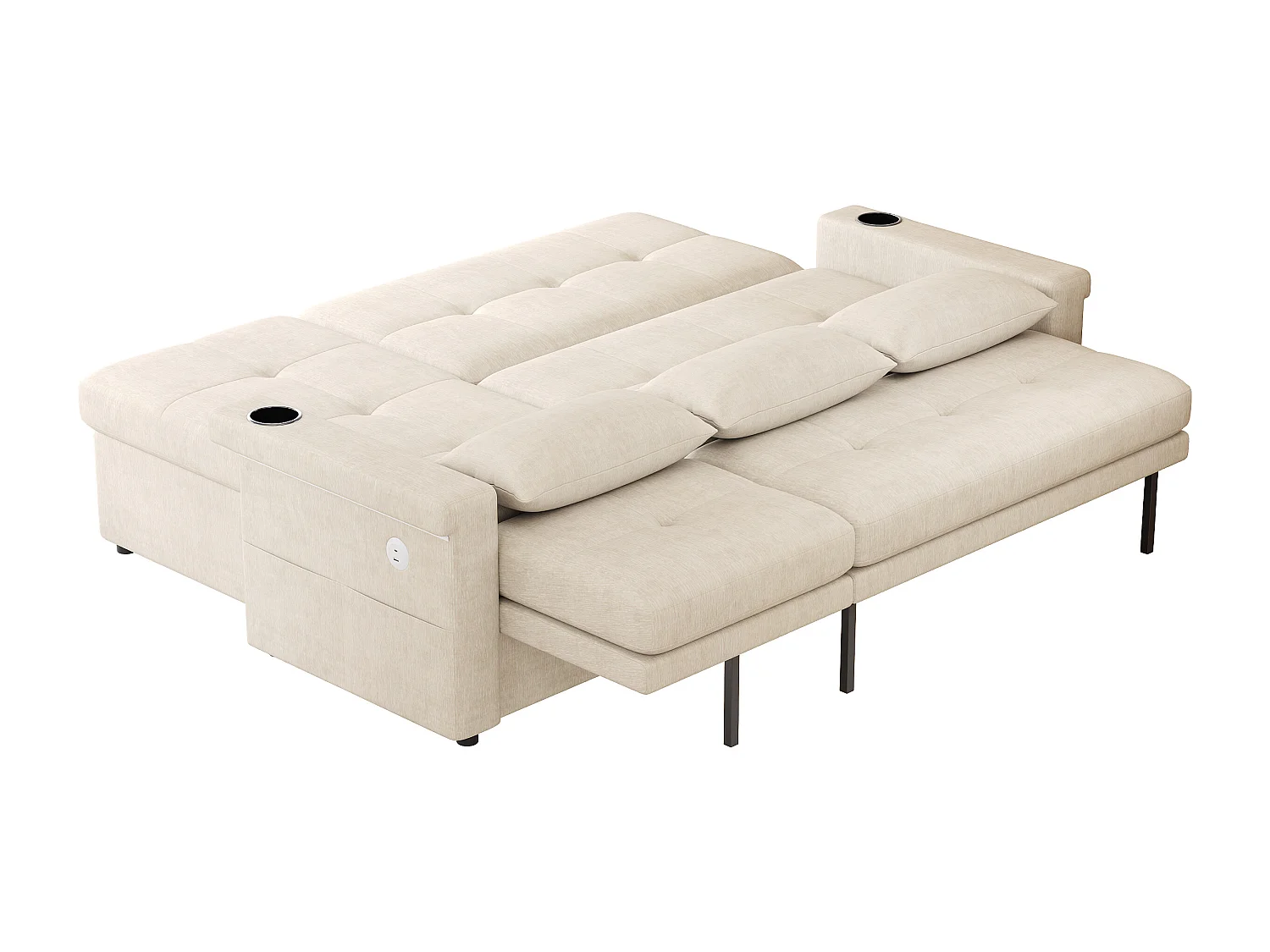 Canapé d'angle 3 places - convertible en lit - avec éclairage LED + USB - dossier réglable avec coussins - Chenil - beige