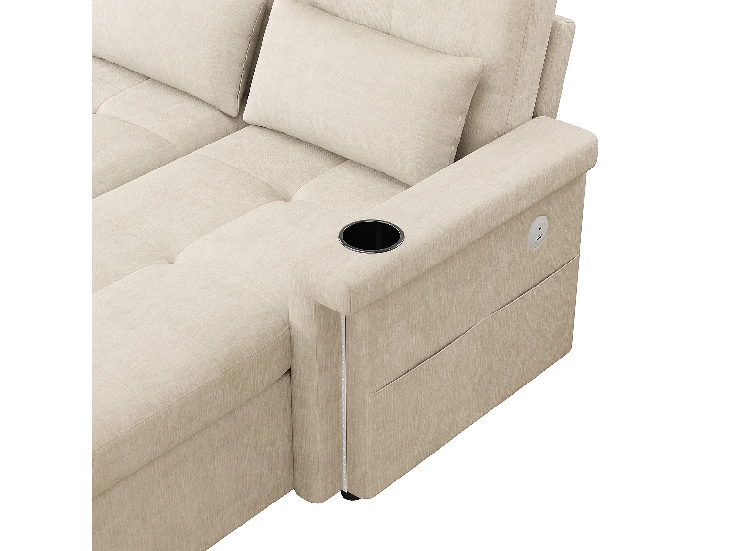 Canapé d'angle 3 places - convertible en lit - avec éclairage LED + USB - dossier réglable avec coussins - Chenil - beige