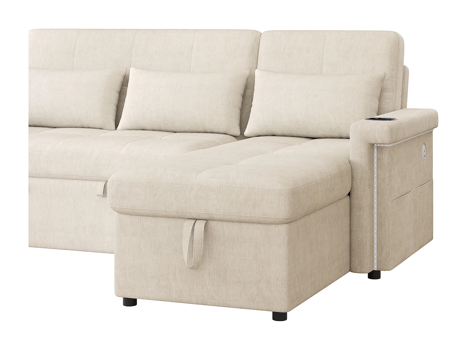 Canapé d'angle 3 places - convertible en lit - avec éclairage LED + USB - dossier réglable avec coussins - Chenil - beige