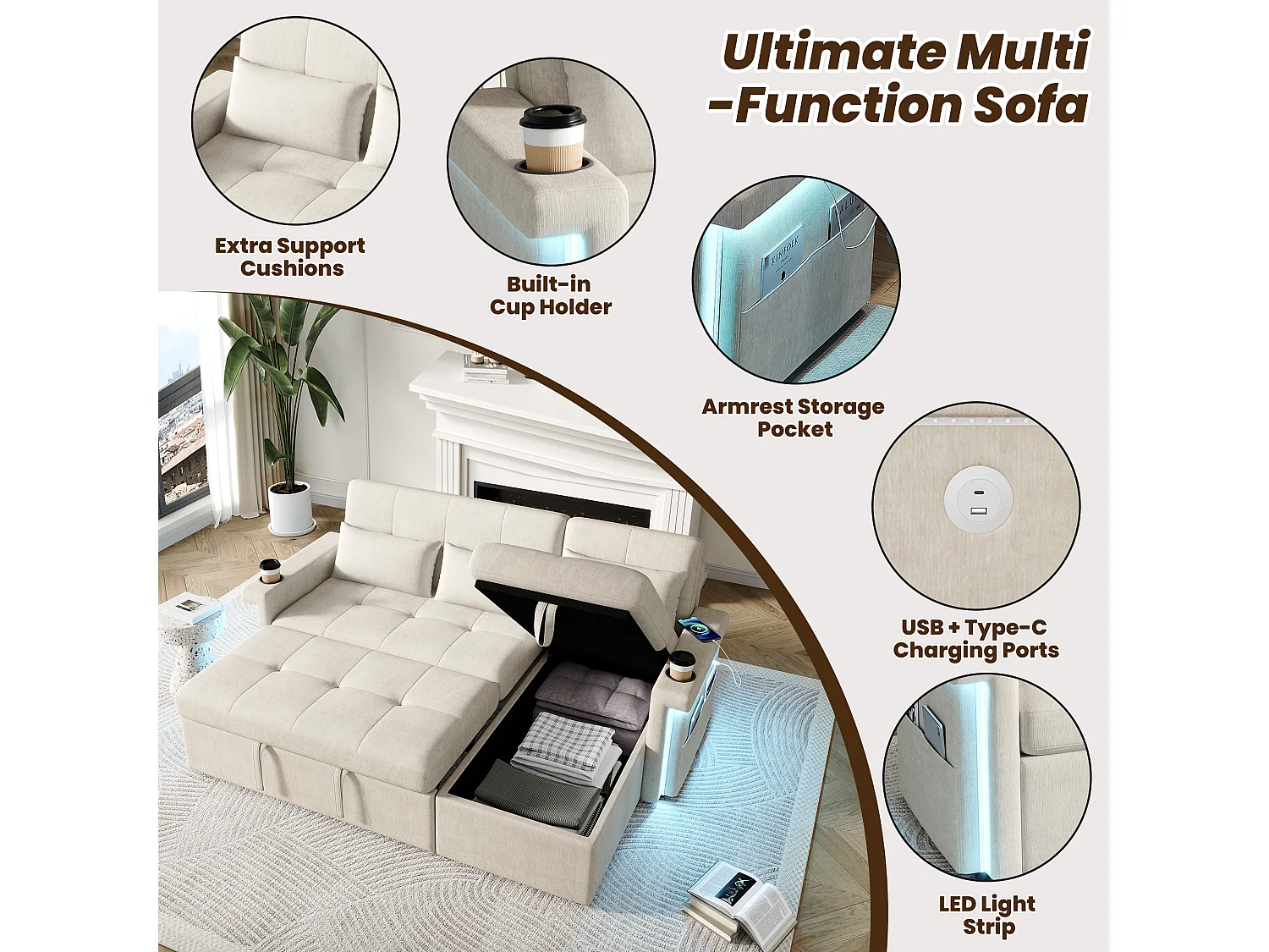 Canapé d'angle 3 places - convertible en lit - avec éclairage LED + USB - dossier réglable avec coussins - Chenil - beige