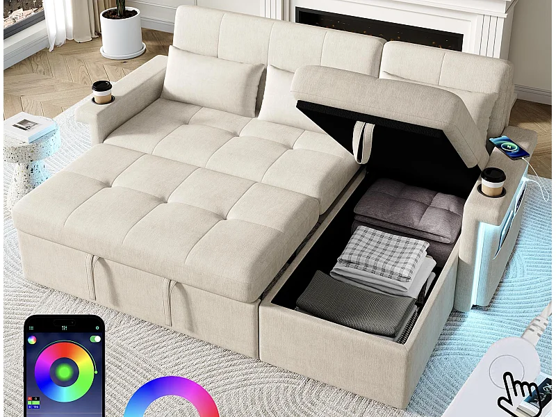 Ecksofa für 3 Personen - in Bett umwandelbar - mit LED-Beleuchtung + USB - verstellbare Rückenlehne mit Kissen - Chenille - beige