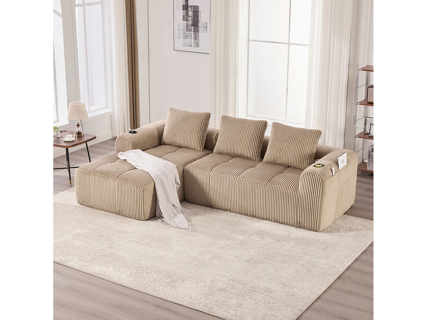 Canapé modulable 4 places - 253 x 158 x 61 - avec poche latérale + porte-gobelet + 3 coussins - velours - kaki