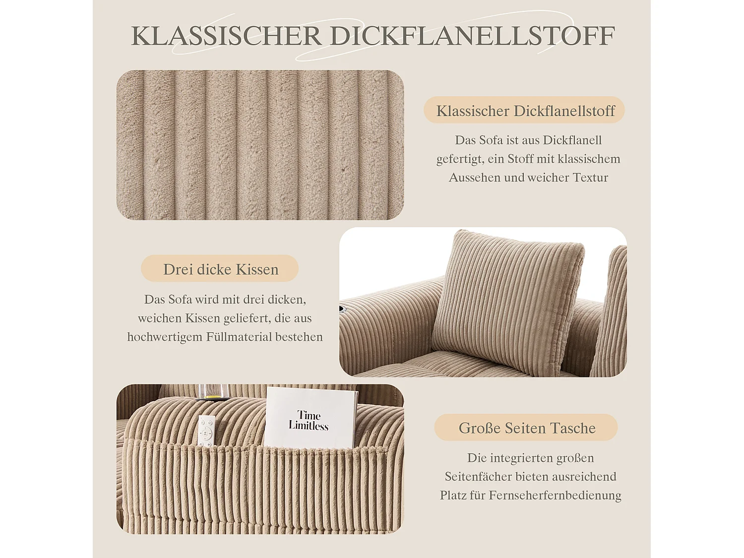 Canapé modulable 4 places - 253 x 158 x 61 - avec poche latérale + porte-gobelet + 3 coussins - velours - kaki