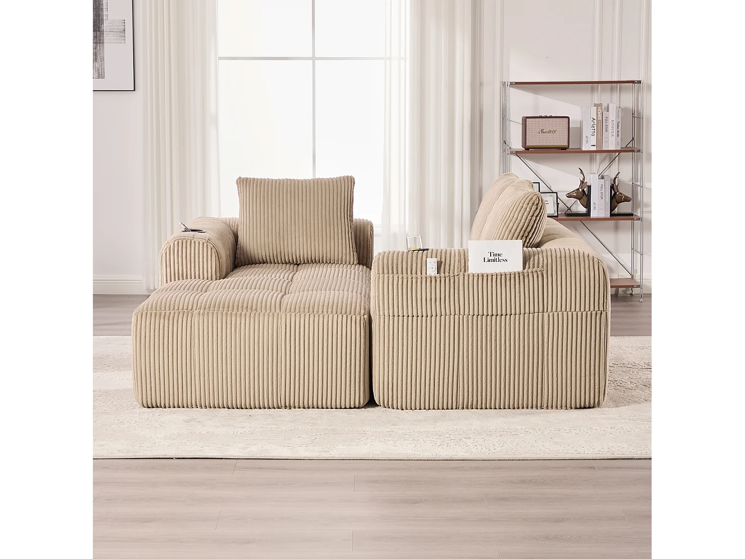 Canapé modulable 4 places - 253 x 158 x 61 - avec poche latérale + porte-gobelet + 3 coussins - velours - kaki