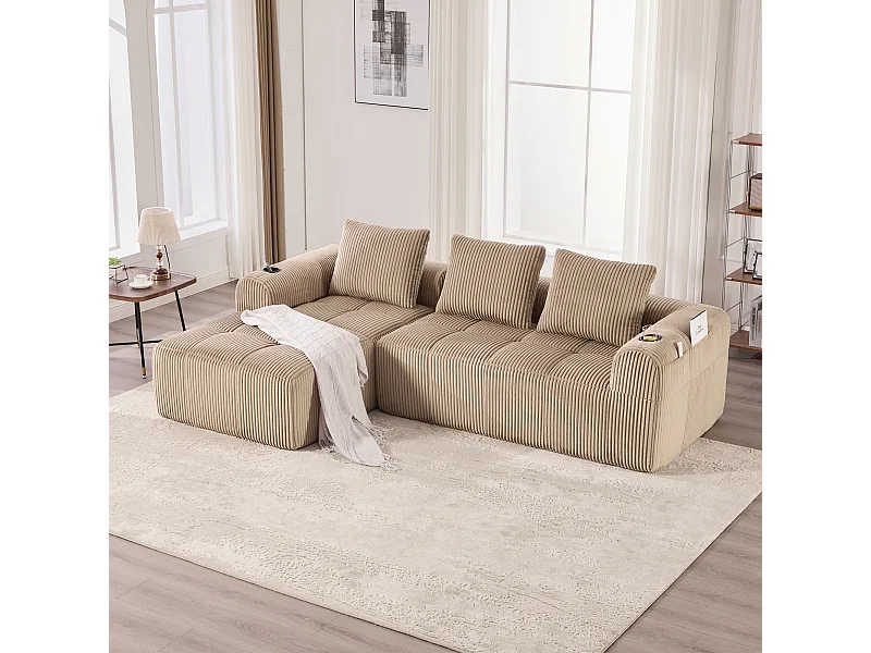 Canapé modulable 4 places - 253 x 158 x 61 - avec poche latérale + porte-gobelet + 3 coussins - velours - kaki