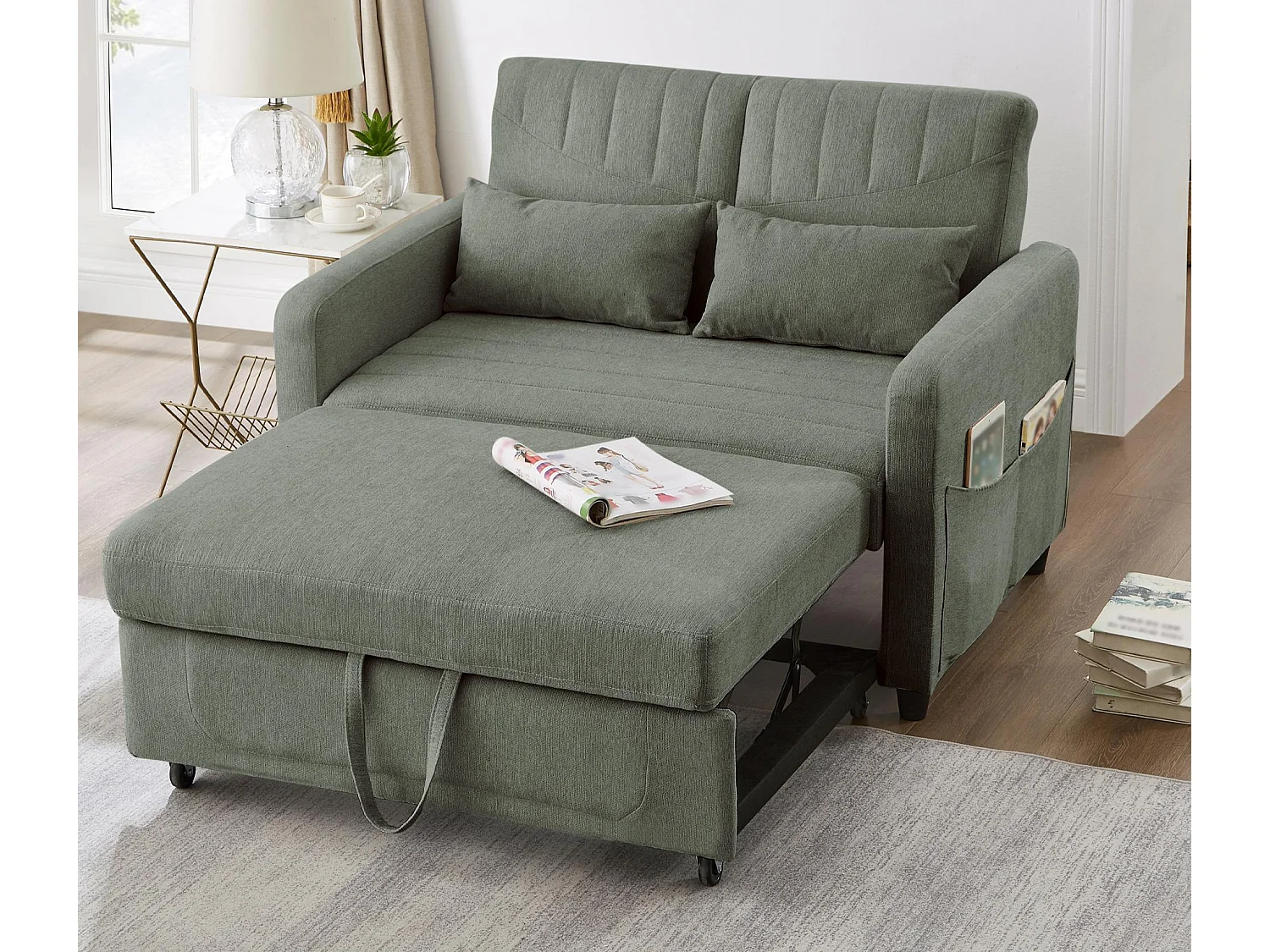 Canapé convertible double 114 x 77 x 82.5 cm - dossier réglable sur trois niveaux - tissu coton et lin - vert militaire