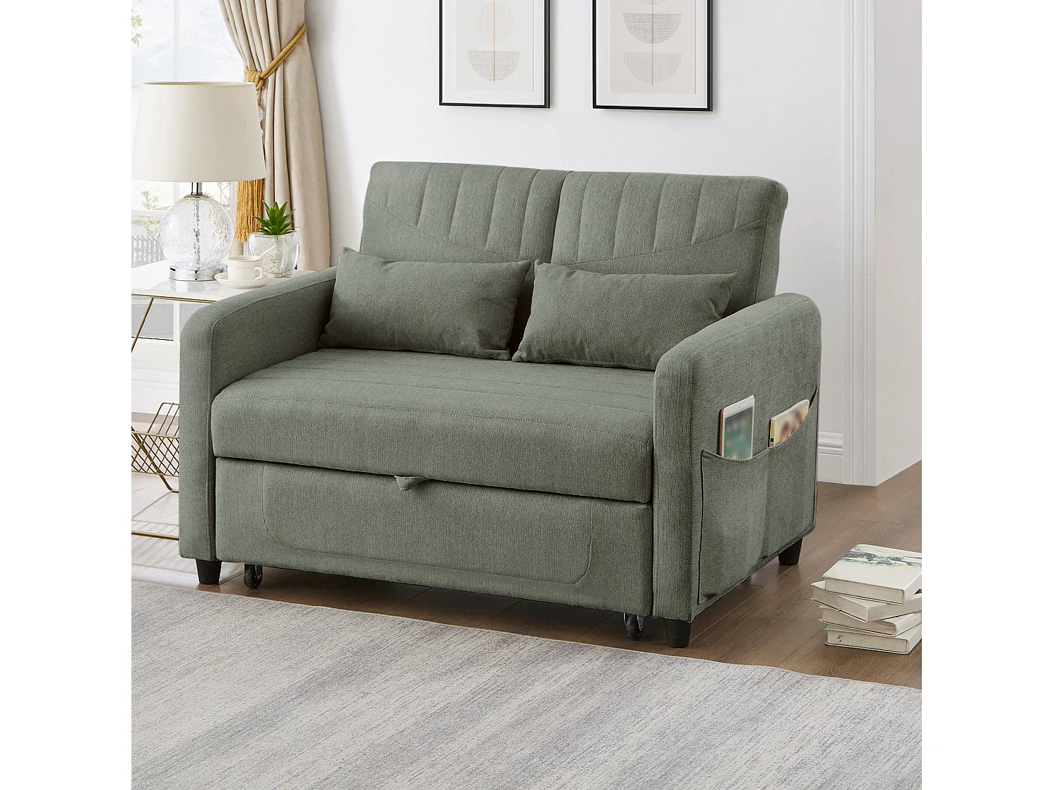 Canapé convertible double 114 x 77 x 82.5 cm - dossier réglable sur trois niveaux - tissu coton et lin - vert militaire