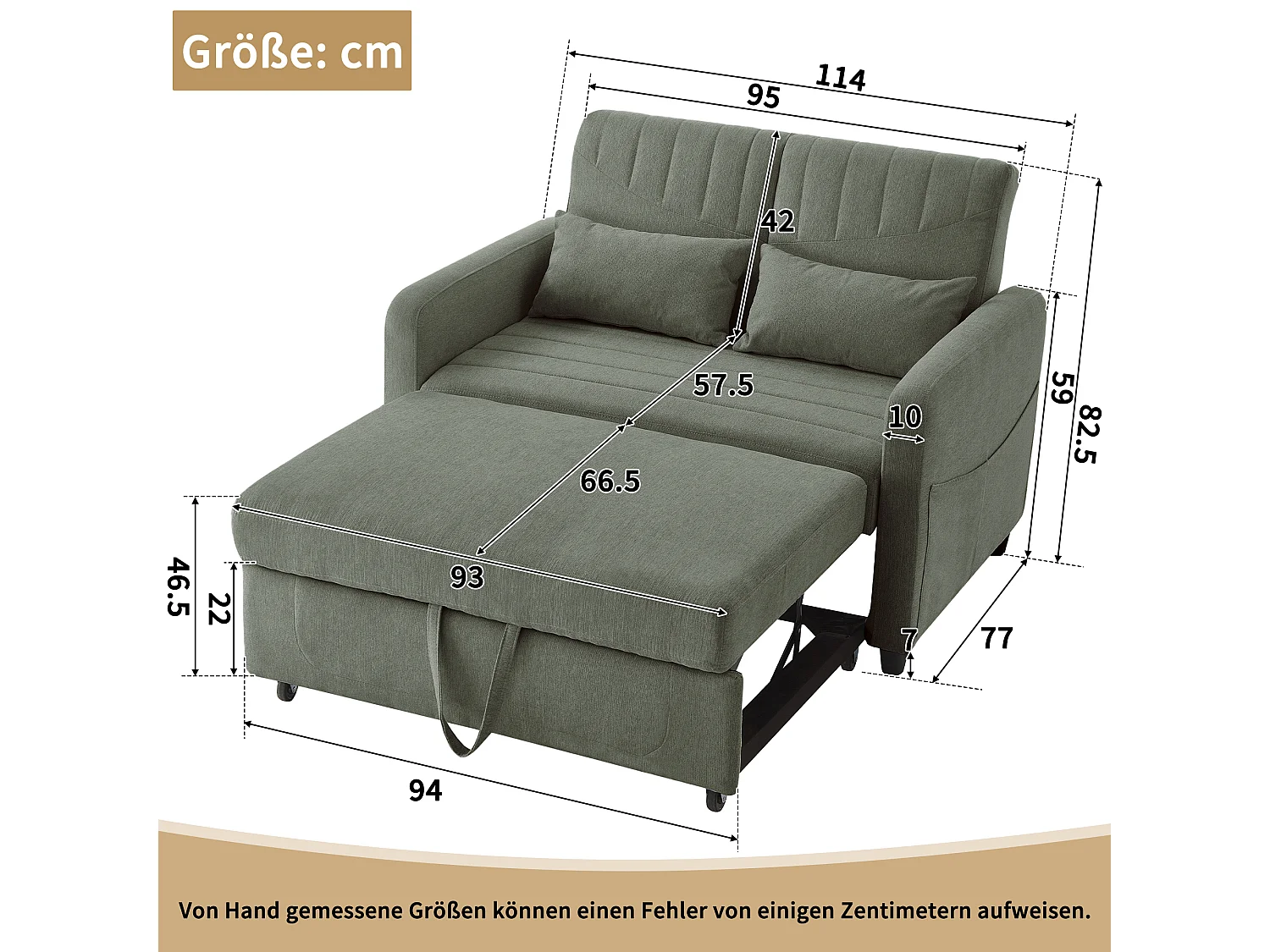 Canapé convertible double 114 x 77 x 82.5 cm - dossier réglable sur trois niveaux - tissu coton et lin - vert militaire