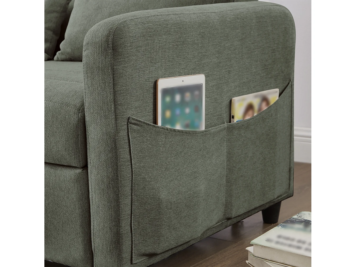 Canapé convertible double 114 x 77 x 82.5 cm - dossier réglable sur trois niveaux - tissu coton et lin - vert militaire