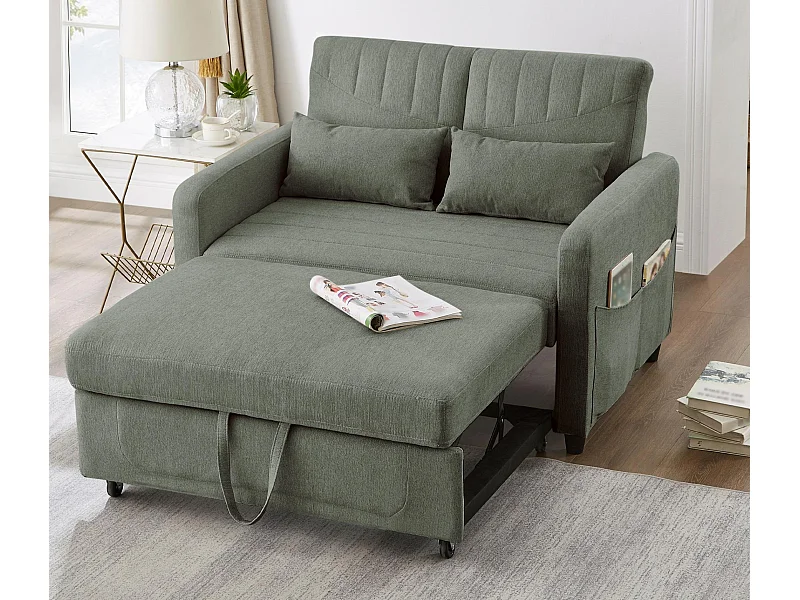 Canapé convertible double 114 x 77 x 82.5 cm - dossier réglable sur trois niveaux - tissu coton et lin - vert militaire