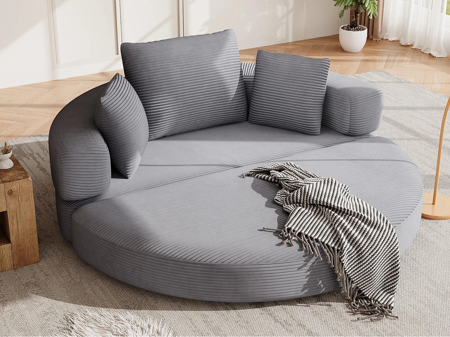Canapé rond pliable 173x176x40cm - avec coussin - tissu en velours côtelé - gris