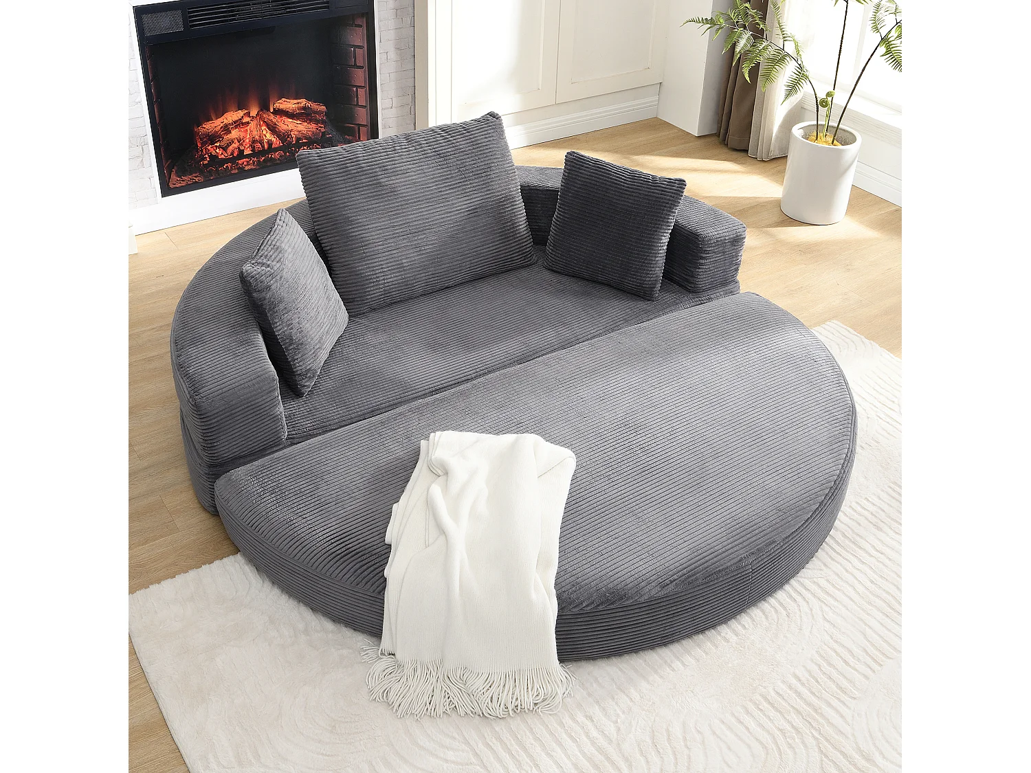 Canapé rond pliable 173x176x40cm - avec coussin - tissu en velours côtelé - gris