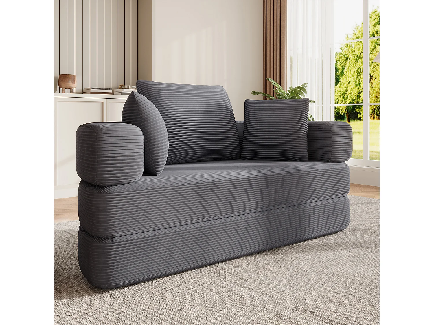 Canapé rond pliable 173x176x40cm - avec coussin - tissu en velours côtelé - gris